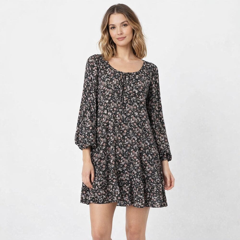 Lucky Brand Printed Flouncey Mini Dress 3/4 Sleeved Black Floral NWT Size XS